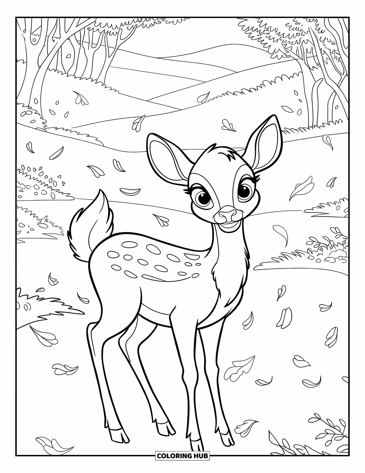 Desenho de outono para colorir para crianças: Um cervo fica em um vale enevoado, emoldurado por pétalas e árvores de outono caindo