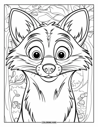 Coloriage d'automne pour enfants : Un renard détaillé aux oreilles dressées regarde devant lui, entouré de feuilles d'automne tourbillonnantes