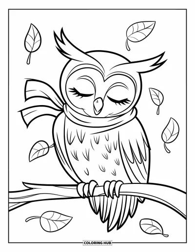 Coloriage d'automne pour enfants : Un hibou endormi dans une écharpe douillette est perché sur une branche nue avec des feuilles qui flottent
