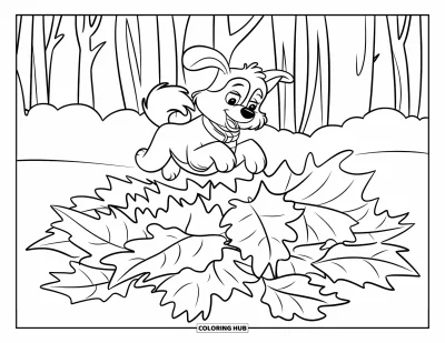 Coloriage d'automne pour enfants : Un chien tout doux bondit dans un tas de feuilles d'automne colorées