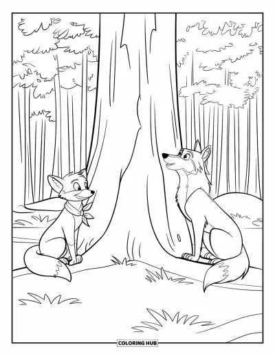 Coloriage d'automne pour enfants : Un renard et un loup sont assis de part et d'autre d'un énorme tronc d'arbre