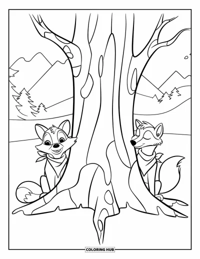 Coloriage d'automne pour enfants : Un renard en écharpe et un loup en chapeau se reposent près d'un arbre