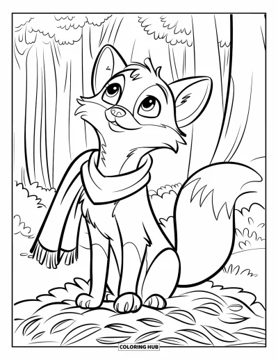 Coloriage d'automne pour enfants : Un renard portant une écharpe est assis calmement sur un tas de feuilles d'automne