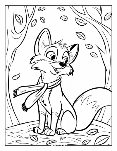 Coloriage d'automne pour enfants : Un renard avec une écharpe chaude regarde le ciel depuis son lit de feuilles