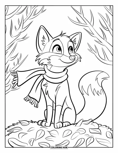 Coloriage d'automne pour enfants : Un renard enveloppé dans une écharpe se repose sur un tas de feuilles, levant paisiblement les yeux