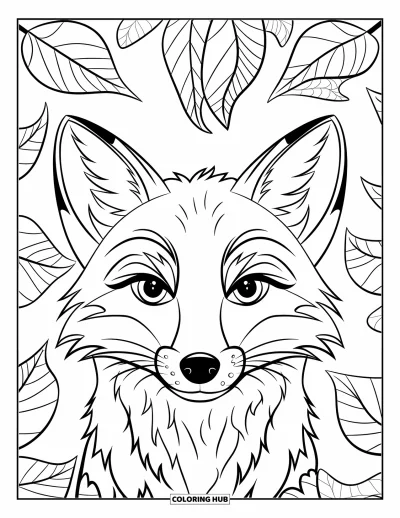 Coloriage d'automne pour enfants : Le visage d'un renard apparaît, entouré de feuilles aux détails délicats et complexes