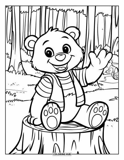 Coloriage d'automne pour enfants : Un ours amical avec une écharpe salue depuis une clairière forestière accueillante