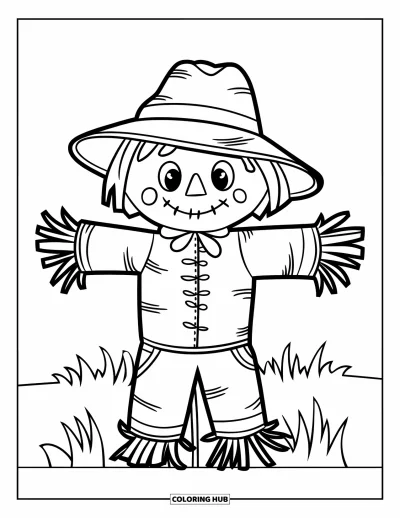 Coloriage d'automne pour enfants : Un épouvantail amical avec un chapeau cousu se tient joyeusement dans un champ ouvert