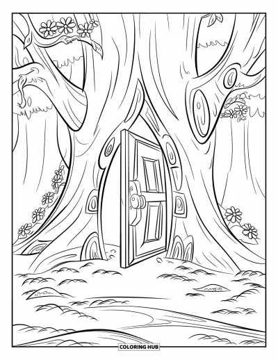Coloriage d'automne pour enfants : Un arbre géant avec une porte sculptée diffuse une douce lueur, entouré de mousse et de fleurs