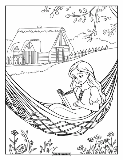 Coloriage d'automne pour enfants : Une fille en robe fluide se repose dans un hamac de vignes, entourée de fleurs sauvages