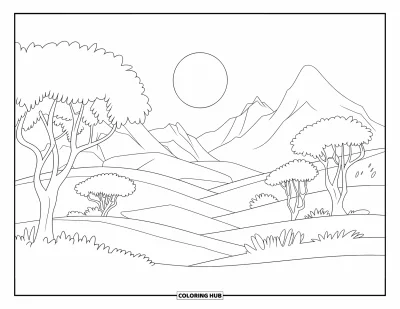 Coloriage d'automne pour enfants : Une lune lumineuse se lève au-dessus d'une forêt d'automne brumeuse, les arbres perdant leurs feuilles