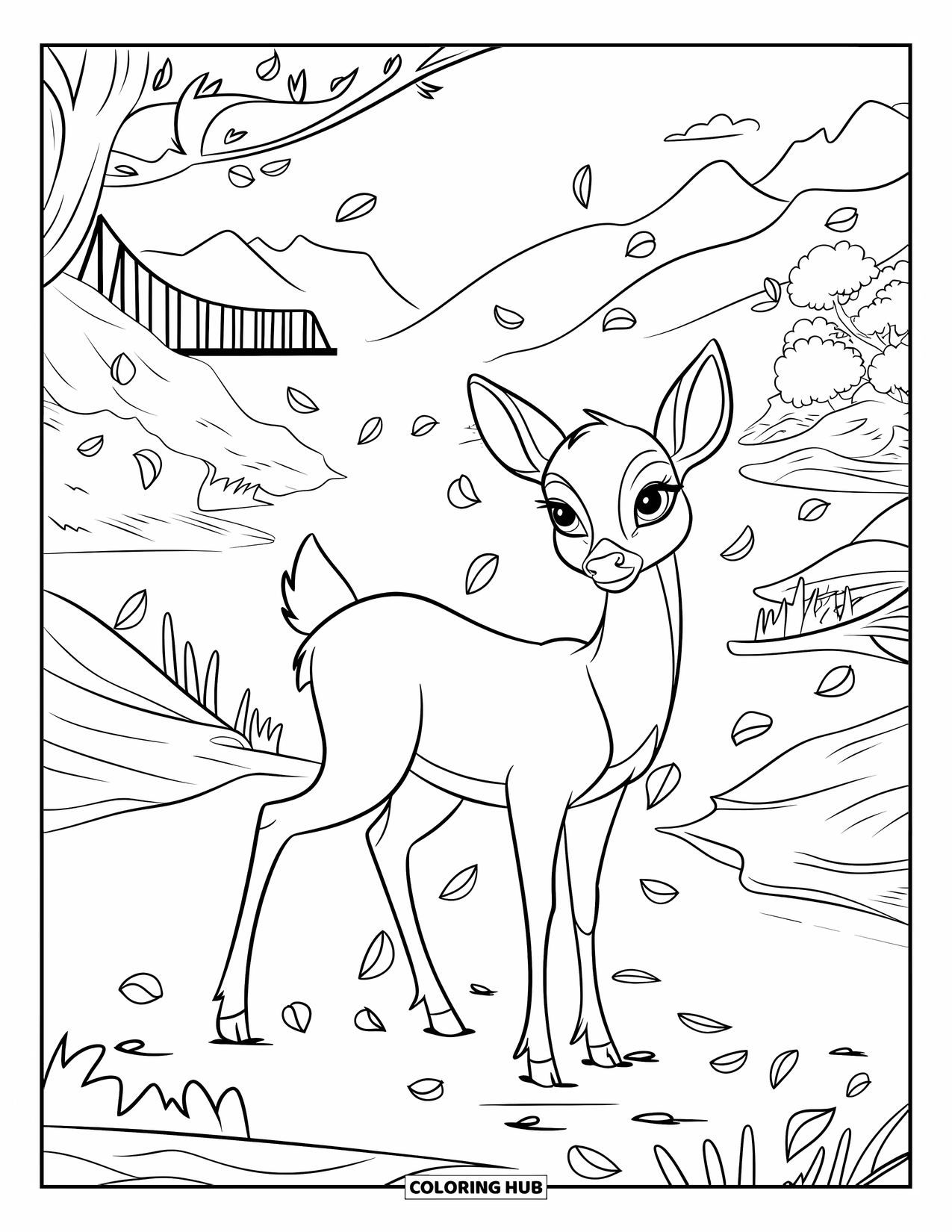 Desenho de outono para colorir para crianças: Um cervo gracioso fica em um vale enevoado, cercado por pétalas de outono flutuantes