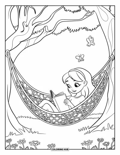 Coloriage d'automne pour enfants : Un hamac tendu entre deux arbres berce une fille qui lit paisiblement