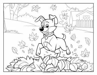 Coloriage d'automne pour enfants : Un chien joyeux à la queue frétillante saute dans une montagne de feuilles