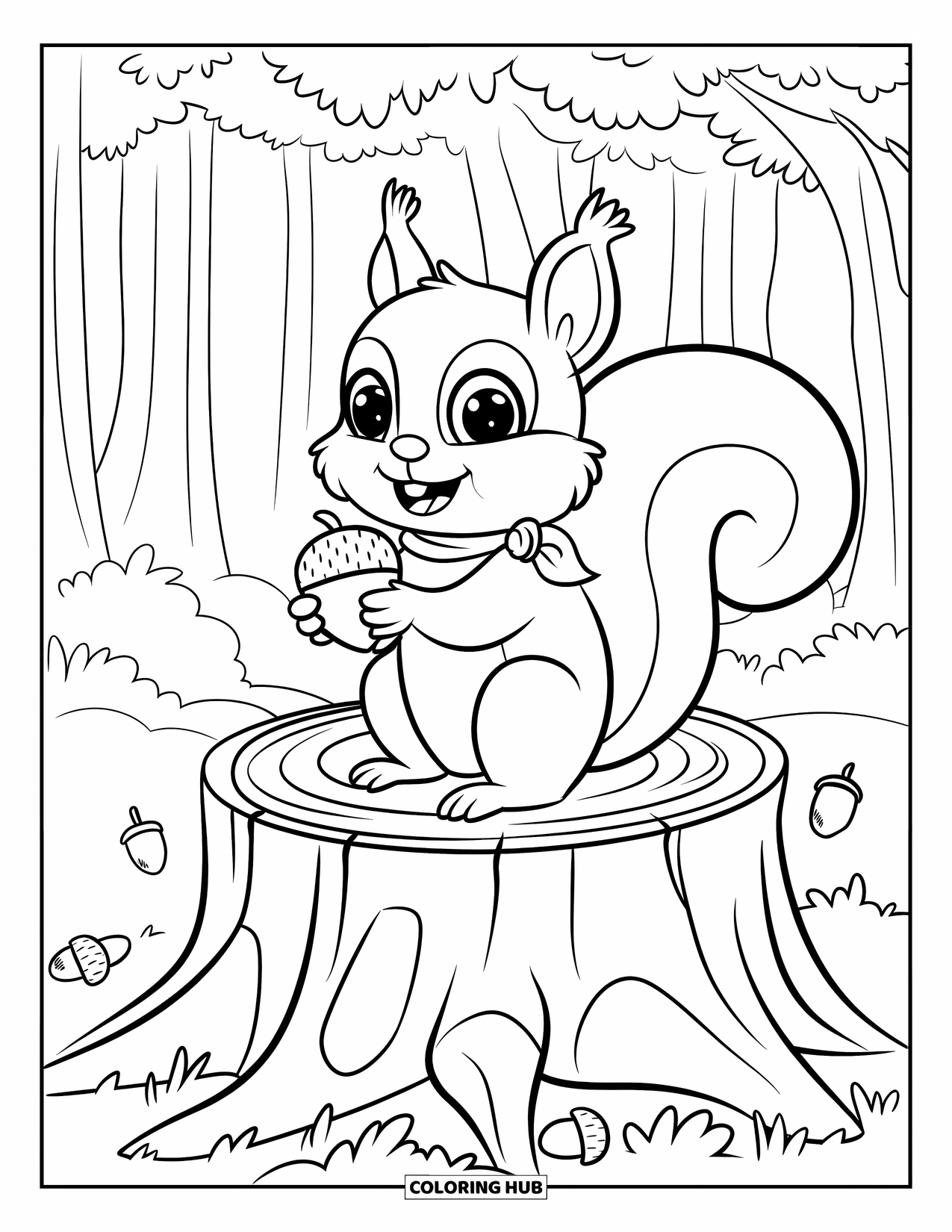Desenho de outono para colorir para crianças: Um esquilo feliz com uma cauda fofa empoleira-se em um toco, segurando uma bolota