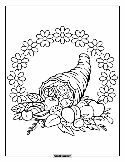Coloriage d'automne pour enfants : Une corne d'abondance de récolte déborde de pommes, de raisins et de feuilles d'automne