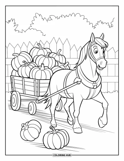 Coloriage d'automne pour enfants : Un chariot tiré par un cheval, rempli de citrouilles, transporte une récolte d'automne bosselée