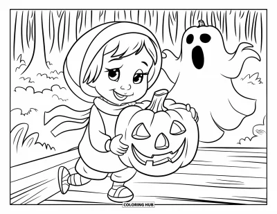Coloriage d'automne pour enfants : Un enfant joyeux tient une citrouille, debout près d'une clôture rustique et d'une botte de foin