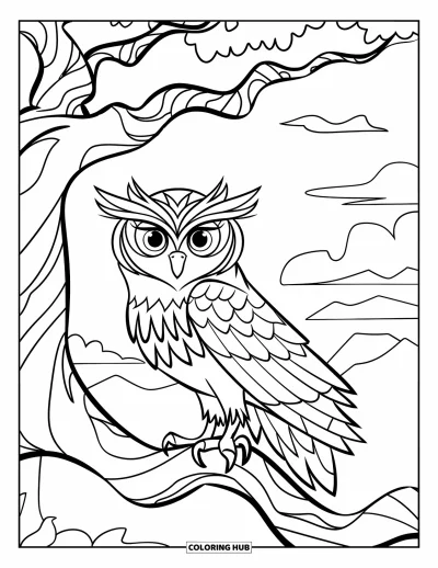 Coloriage d'automne pour enfants : Un grand hibou aux plumes minutieusement dessinées est perché dans un arbre tordu, le regard tourné vers l'avant