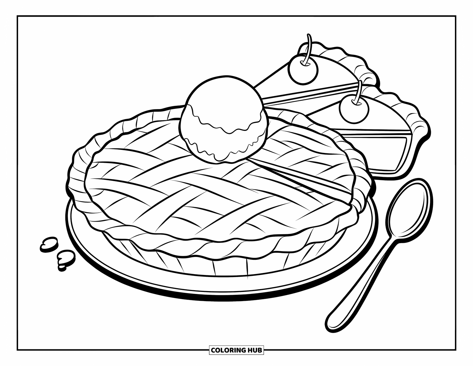 Desenho de outono para colorir para crianças: Uma torta grande com uma bola de sorvete fica ao lado de duas fatias com cerejas