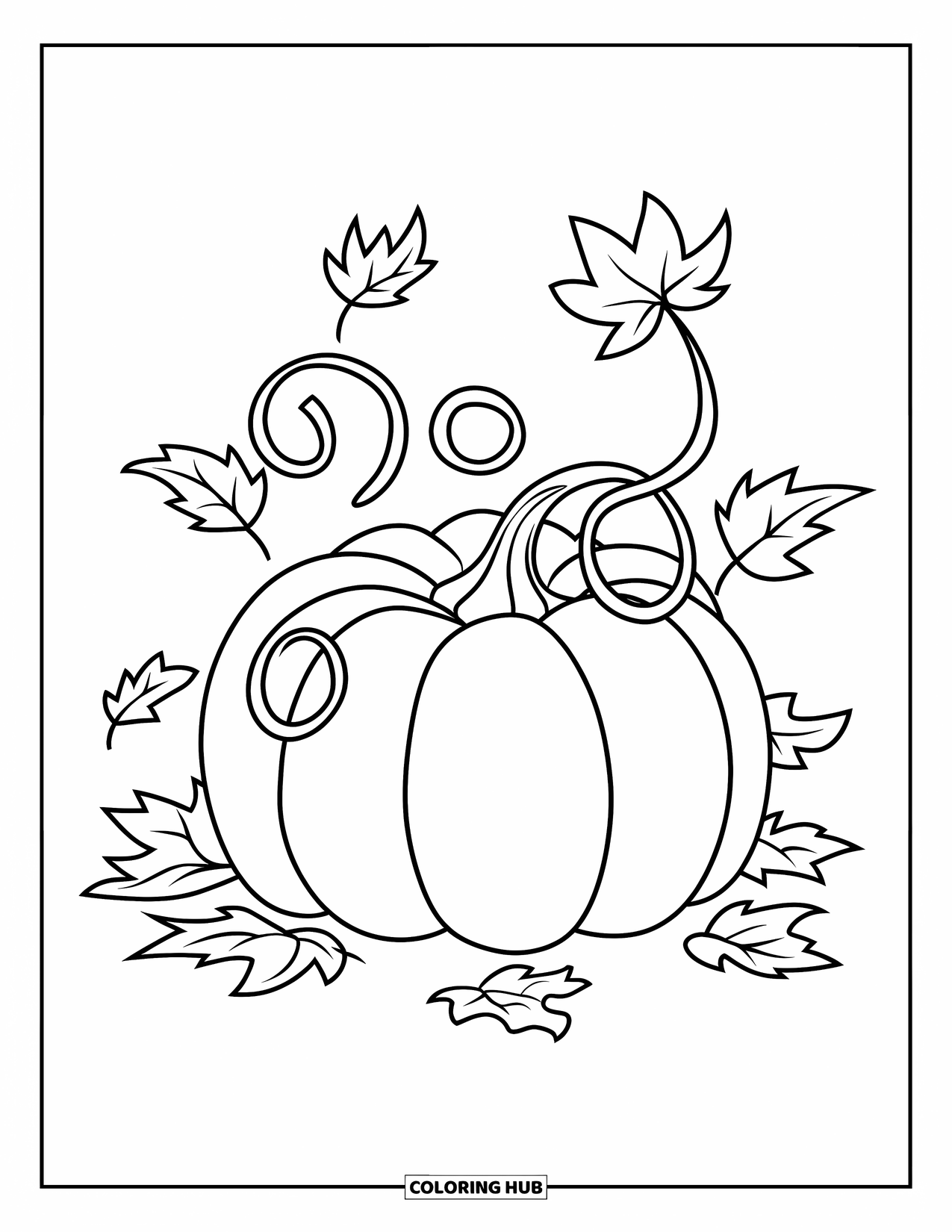 Desenho de outono para colorir para crianças: Uma grande abóbora com uma trepadeira encaracolada fica no chão, cercada por folhas