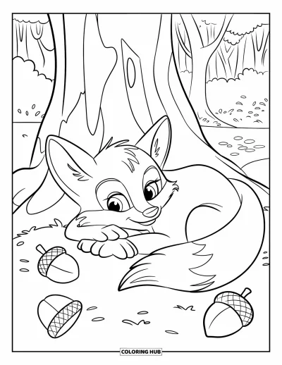 Coloriage d'automne pour enfants : Un petit renard se blottit sous un arbre, niché parmi des glands tombés