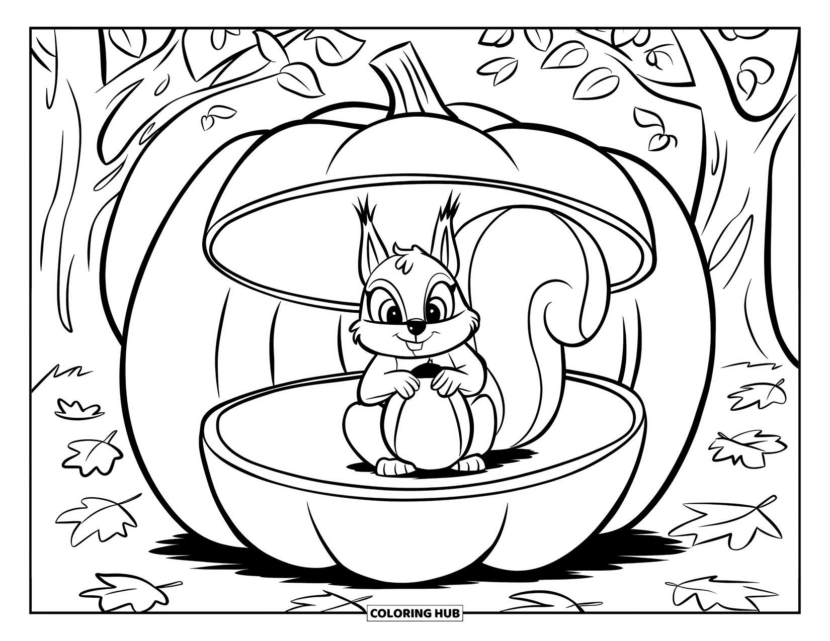 Desenho de outono para colorir para crianças: Um pequeno esquilo agarra-se a uma abóbora gigante, equilibrando-se em um carrinho de madeira