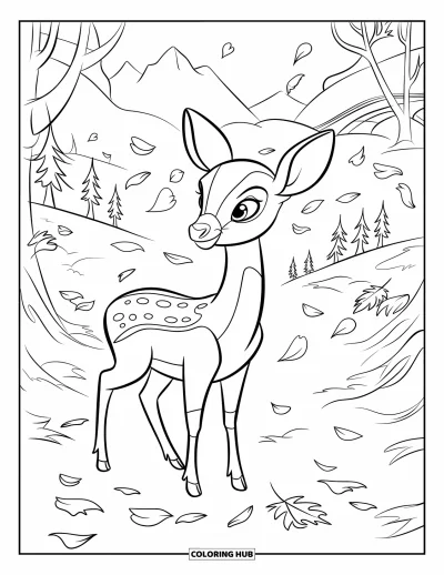 Coloriage d'automne pour enfants : Un cerf solitaire regarde à travers la brume du matin tandis que les feuilles d'automne flottent autour de lui