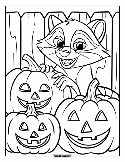Coloriage d'automne pour enfants : Un raton laveur espiègle apparaît derrière une tour de citrouilles