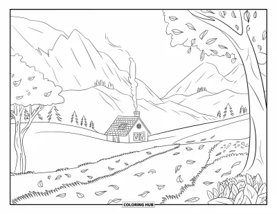 Coloriage d'automne pour enfants : Une matinée brumeuse entoure un charmant cottage, avec de la fumée qui s'enroule depuis la cheminée