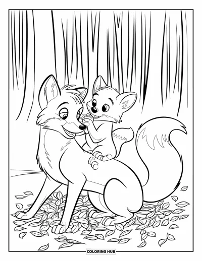 Coloriage d'automne pour enfants : Une maman renarde et son renardeau partagent un moment de jeu dans une forêt remplie de feuilles