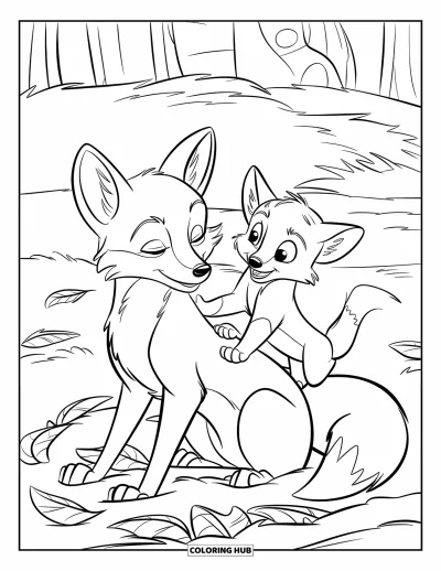 Coloriage d'automne pour enfants : Une maman renarde ferme les yeux pendant que son petit joueur tapote des feuilles qui tombent