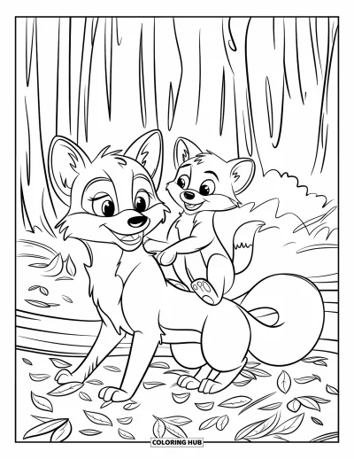 Coloriage d'automne pour enfants : Une maman renarde est assise sur un tronc pendant que son renardeau joueur grimpe sur son dos