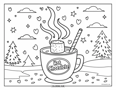 Coloriage d'automne pour enfants : Une tasse de chocolat chaud avec une paille et un autocollant est posée dans un paysage enneigé