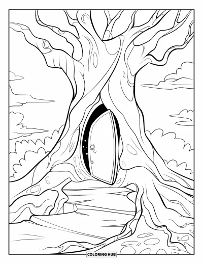 Coloriage d'automne pour enfants : Un arbre mystérieux avec une porte lumineuse se dresse dans un paysage rocheux et brumeux