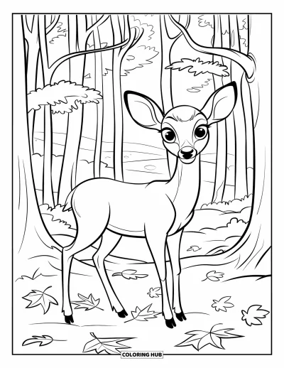 Coloriage d'automne pour enfants : Un cerf paisible se tient dans une forêt, ses sabots crissant sur des feuilles d'automne tombées