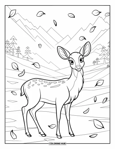 Coloriage d'automne pour enfants : Un cerf paisible se tient dans une vallée calme, de doux pétales flottant dans l'air