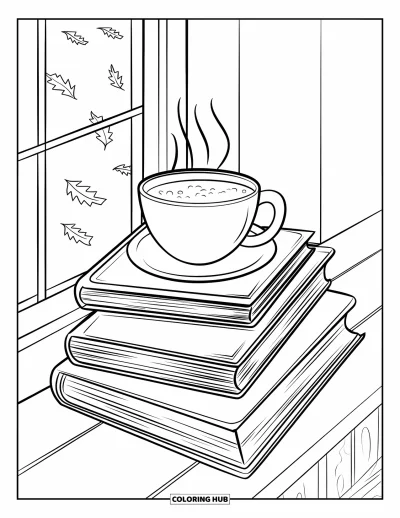 Coloriage d'automne pour enfants : Une pile de livres et une tasse de cacao fumante sont posées près d'une fenêtre en automne