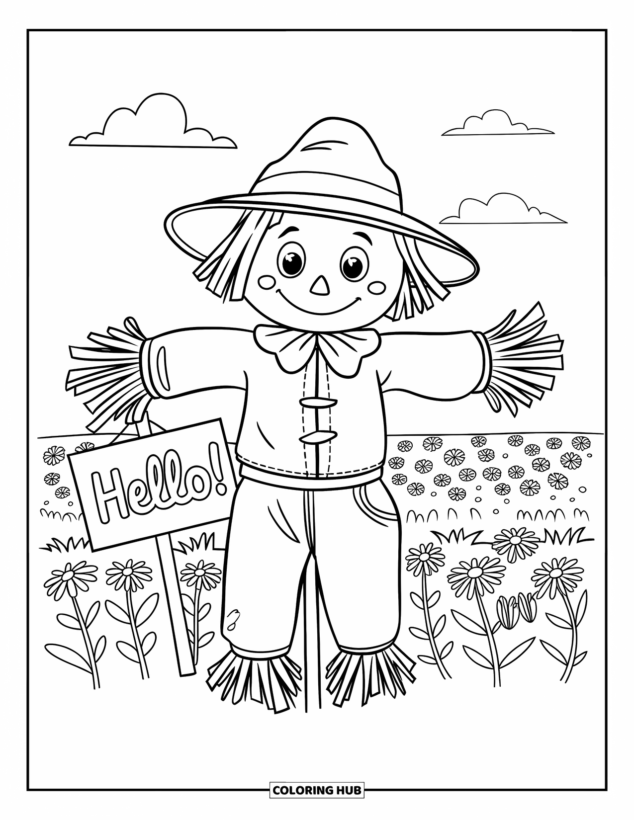 Desenho de outono para colorir para crianças: Um espantalho brincalhão acena de um campo, segurando uma placa que diz "Olá!"