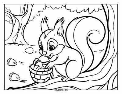 Coloriage d'automne pour enfants : Un écureuil joueur perché sur une branche ramasse des glands dans un petit panier