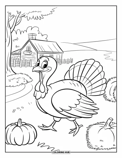 Coloriage d'automne pour enfants : Une dinde fière marche près d'une ferme, devant des citrouilles et des bottes de foin dorées
