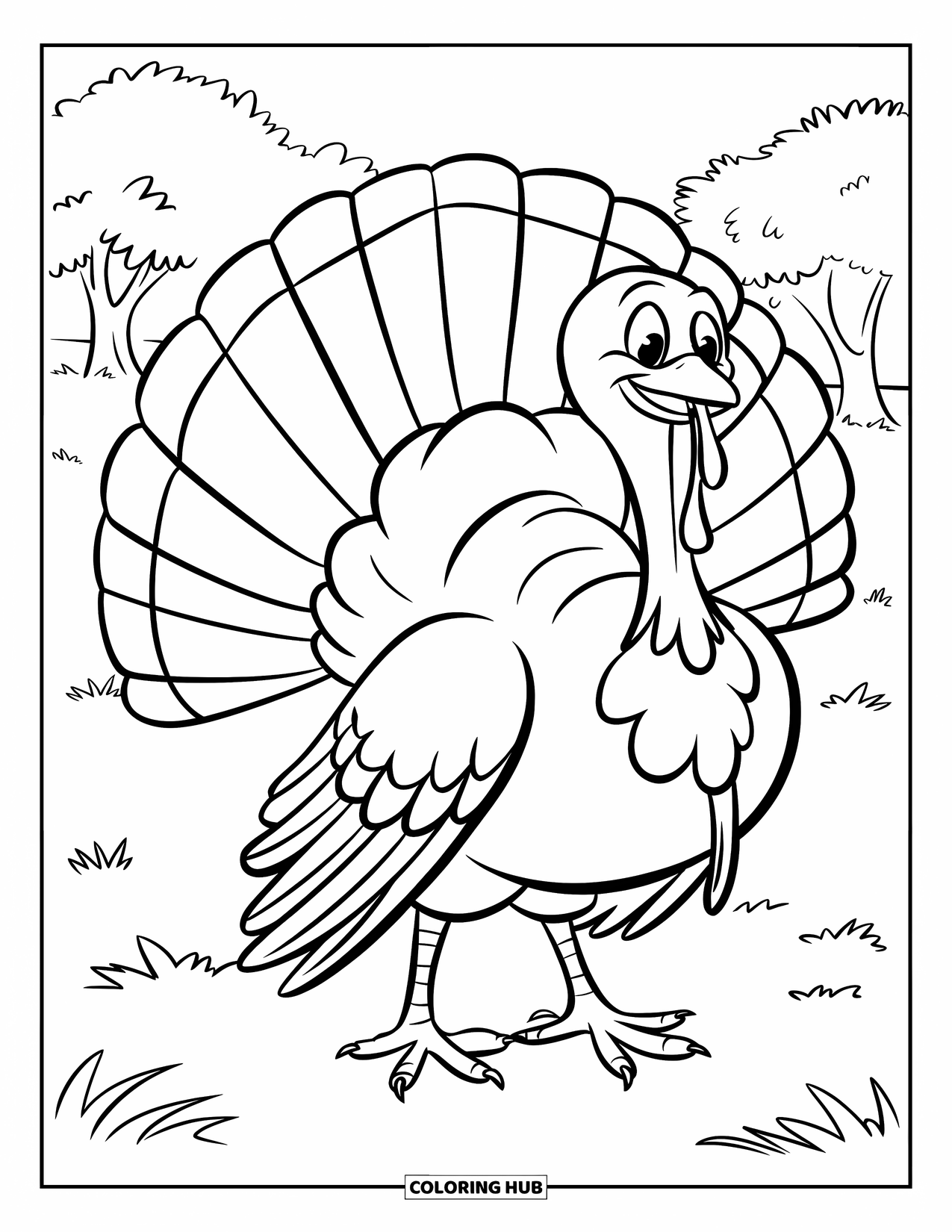 Desenho de outono para colorir para crianças: Um peru orgulhoso com penas de cauda abertas pavoneia-se por um campo aberto