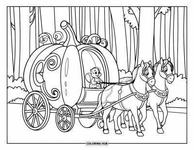 Coloriage d'automne pour enfants : Un carrosse en forme de citrouille aux détails en volutes attend, conduit par un minuscule écureuil