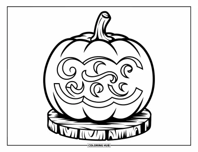 Coloriage d'automne pour enfants : Une citrouille aux motifs sculptés en spirale repose sur une base en bois rustique