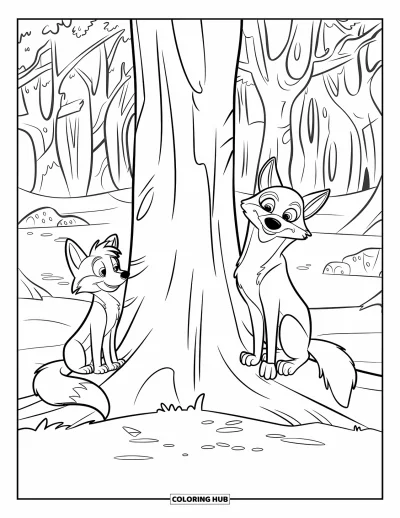 Coloriage d'automne pour enfants : Une forêt paisible abrite un renard et un loup qui se reposent de chaque côté d'un arbre