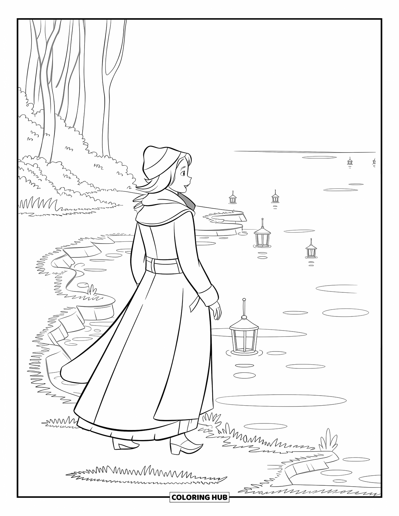 Desenho de outono para colorir para crianças: Uma mulher ruiva olha para um lago, lanternas flutuando na água