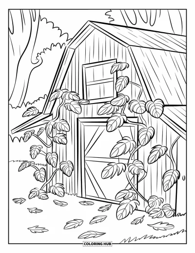 Coloriage d'automne pour enfants : Une grange rustique avec des vignes rampantes se dresse entourée de feuilles éparses