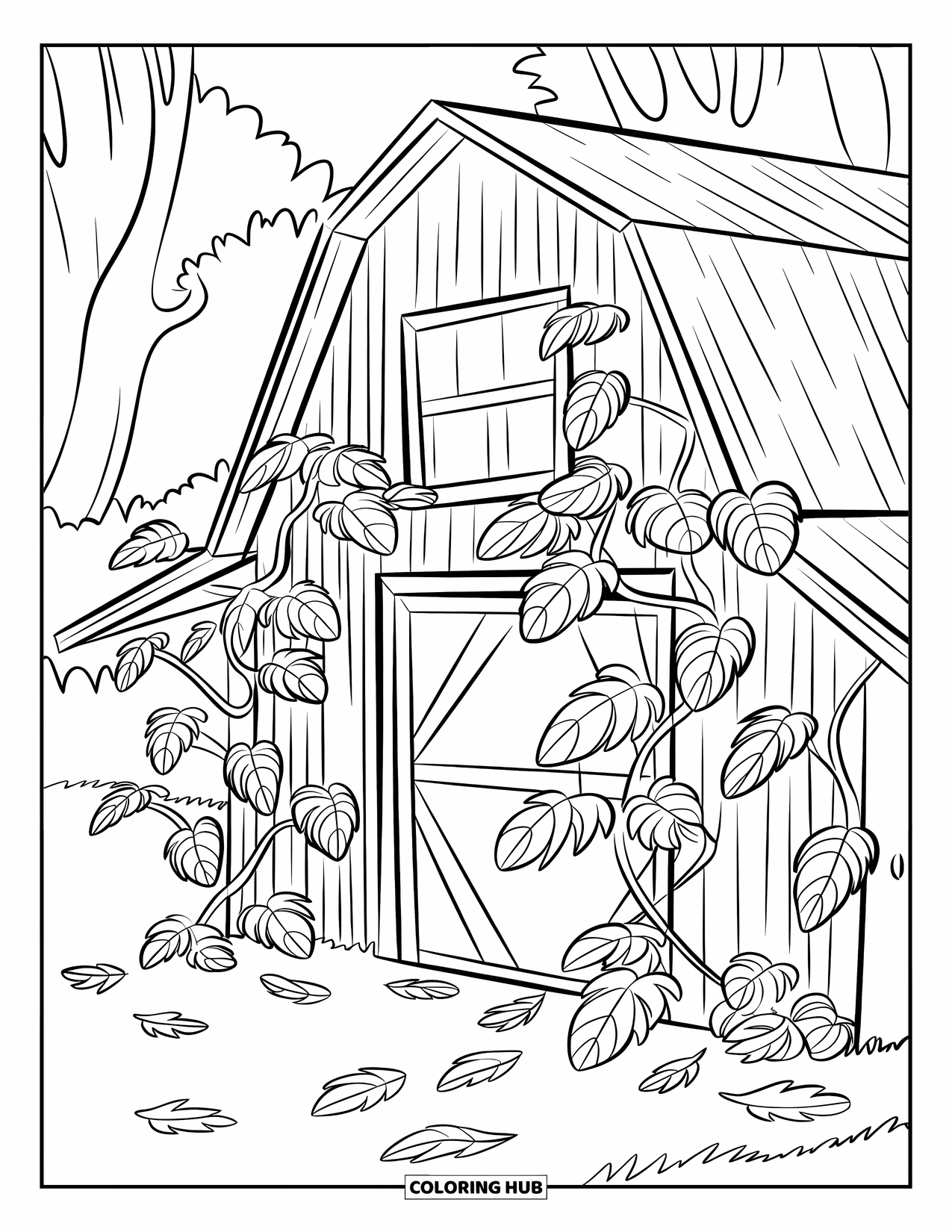 Desenho de outono para colorir para crianças: Um celeiro rústico com trepadeiras fica cercado por folhas espalhadas