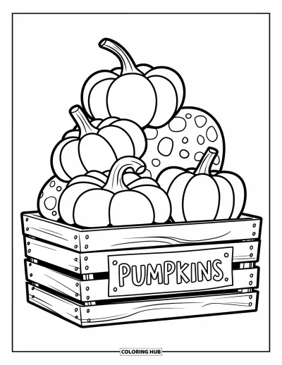 Coloriage d'automne pour enfants : Une caisse rustique contient un mélange de citrouilles et de courges aux formes originales