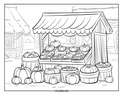 Coloriage d'automne pour enfants : Un étal de marché rustique déborde de citrouilles, de pommes et de pots de miel doré